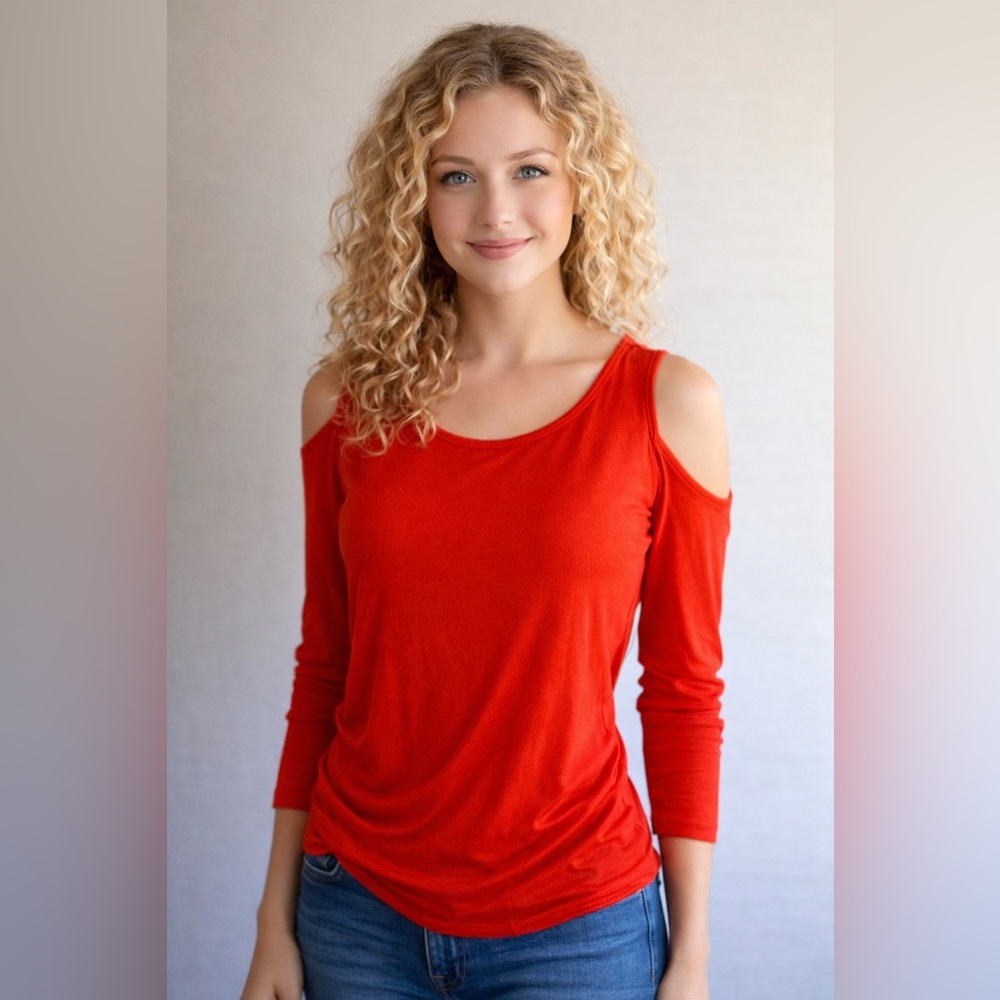 Trina Turk Vibrant Orange Long Sleeve cold shoulder knit top